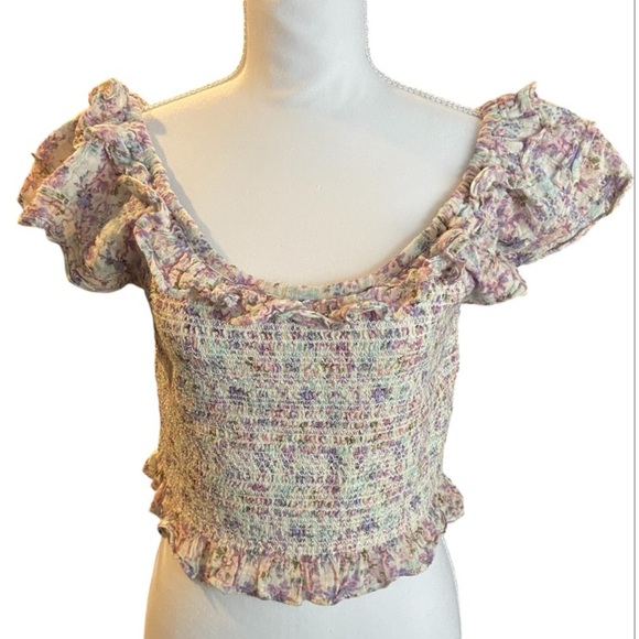 LoveShackFancy Smocked Saba Crop Top Floral Ruffle Blouse White Purple Size XL - Picture 3 of 9